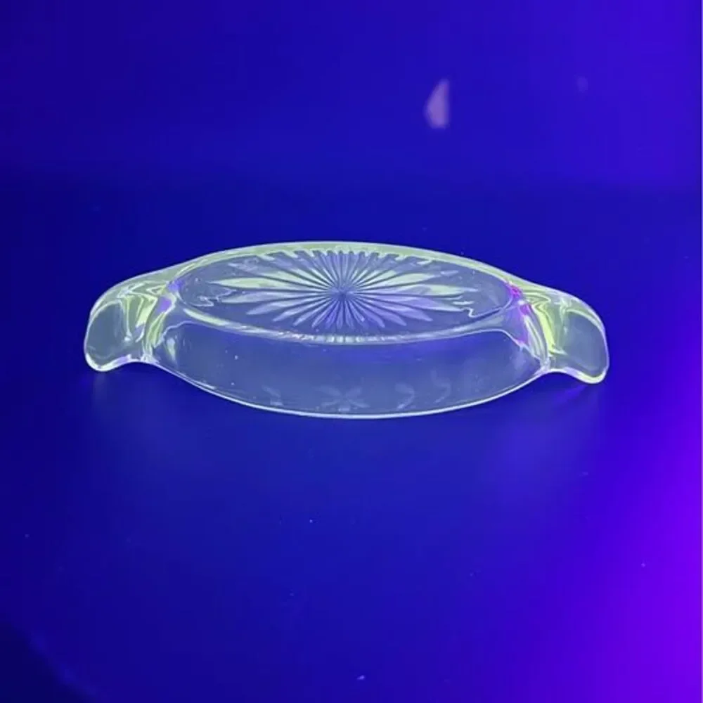 Vintage Manganese Glass Etched Canoe Shaped Relish Dish